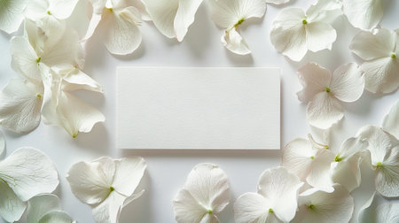 White Hydrangea Petals Surrounding Blank Card on White Background. Concept of Elegance, Floral...