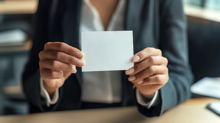 Professional African American Woman Holding Blank Card in Office Setting. Concept of Business Presentation, Identity Space. Mockup. Copy space.の写真素材