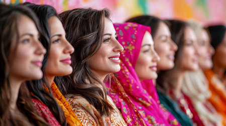 Diverse Group of Women Celebrating Together in Colorful Traditional Attire. Concept of Cultural Unity and Empowerment.の写真素材