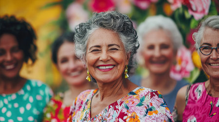 Diverse Group of Senior Women Smiling Together in a Colorful Garden Setting. Concept of Friendship, Aging Gracefully, Joyful Moments.の写真素材