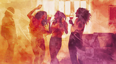 Joyful Celebration of International Women's Day in Vibrant Watercolor Art. Concept of Female Friendship, Empowerment.の写真素材