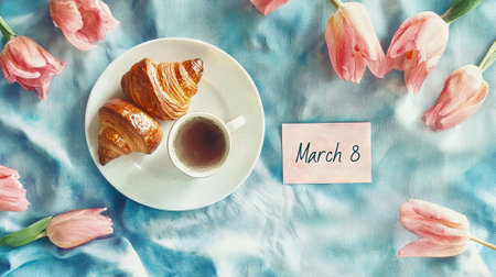 International Women's Day Celebration with Croissants and Coffee on a Blue Fabric Background....