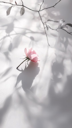 Elegant Pink Rose on White Surface with Soft Shadows, Simple Beauty and Tranquility, Minimalist Floral Art.の写真素材