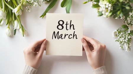 Celebrating International Women's Day with a Woman's Hands Holding a Card for March 8th. Concept of Feminism, Empowerment, and Global Awareness.の写真素材
