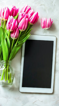 Pink Tulips in Glass Vase Next to Digital Tablet on Textured Surface. Concept of Spring Workspace,...