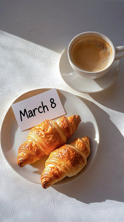 Morning Coffee and Croissants on International Women's Day, Celebrating March 8, Concept of Cozy...