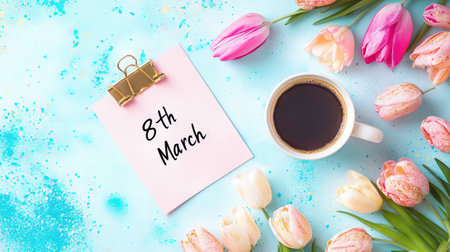8th March celebration with coffee and flowers. Concept of International Women's Day, spring...