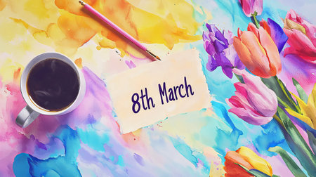Vibrant Watercolor Flat Lay Celebrating International Women's Day with Tulips and Coffee. Concept of March 8th Celebration, Floral Art.の写真素材