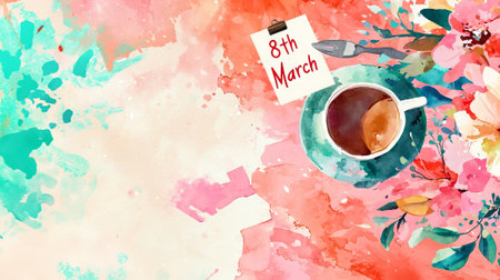 International Women's Day Flat Lay with Floral Watercolor Design and Coffee. Concept of Celebrating...