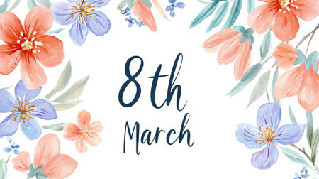 International Women's Day Watercolor Art Featuring Floral Design Celebrating 8th March. Concept of...
