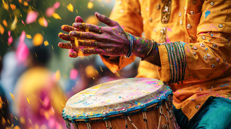 Vibrant Holi Festival Drumming with Indian Man Covered in Colorful Powder. Concept of Cultural...