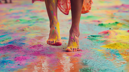 Indian Holi Festival: Close-Up of Feet Dancing on Colorful Powder. Concept of Cultural Celebration,...