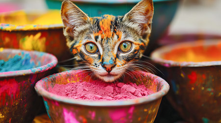 Vibrant Indian Holi Festival with a Playful Cat Peeking Out from Colorful Powder Bowls. Concept of...