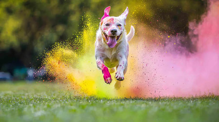 Joyful Dog Running Through Vibrant Holi Festival Colors in a Park. Concept of Festive Celebration, Playful Moments. Copy space.の写真素材