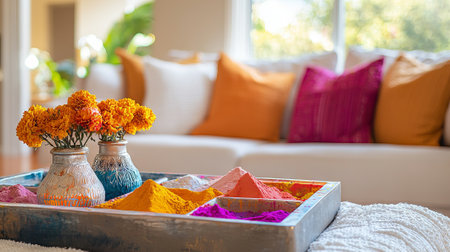 Vibrant Holi Festival Colors in a Bright Living Room with Marigold Flowers. Concept of Indian...
