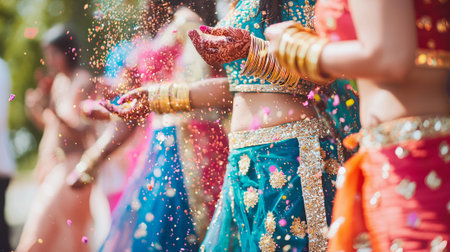 Close-up of Indian Women Celebrating Holi Festival with Vibrant Colors and Traditional Attire. Concept of cultural celebration, joy, and heritage.の写真素材
