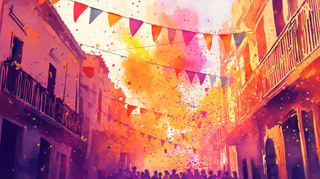 Vibrant Indian Holi Festival Watercolor Art with Colorful Powder and Banners in a Street Scene. Concept of cultural celebration, joyful traditions. Copy space.の写真素材