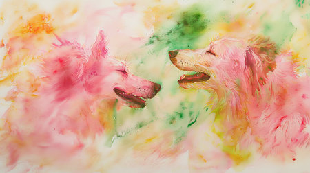 Vibrant Watercolor Illustration of Dogs Celebrating Holi Festival with Colorful Splashes. Concept of...