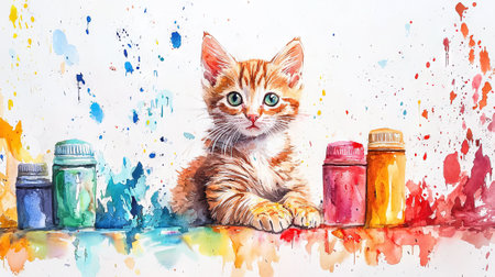 Playful Cat with Colorful Paint Jars in a Watercolor Art Scene. Concept of creativity, vibrant art, artistic expression.の写真素材