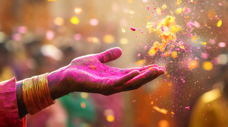 Indian man joyfully celebrating Holi Festival with vibrant colors. Concept of cultural traditions, festive spirit, joy.. Copy space.の写真素材