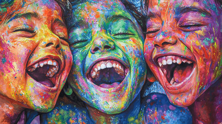Joyful Indian Children Celebrating Holi Festival with Vibrant Colors. Concept of Cultural...