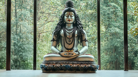 Celebrating Maha Shivaratri with Shiva Statue in Lush Forest. Concept of Spirituality, Tradition,...