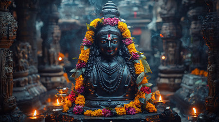 Close-Up of Decorated Maha Shivaratri Statue in a Temple. Concept of Traditional Hindu Festival, Religious Rituals.の写真素材
