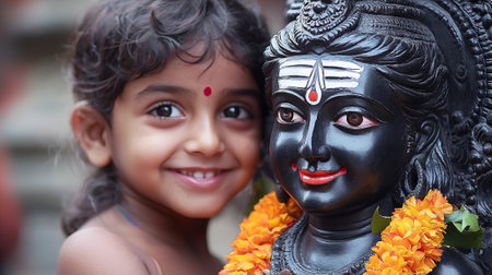 Smiling Indian Child Joyfully Embracing a Shiva Statue at Maha Shivaratri Festival. Concept of...
