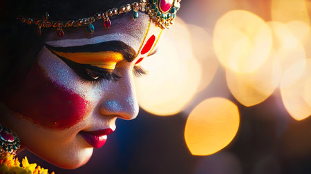 Close-Up of Female Dancer with Expressive Face Paint during Maha Shivaratri Festival. Concept of Cultural Celebration, Traditional Arts. Copy space.の写真素材