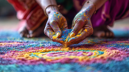 Close-Up of Woman's Hands Creating Colorful Rangoli Art for Maha Shivaratri Celebration. Concept of...