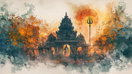 Delicate Watercolor Art of Maha Shivaratri with Shiva Temple and Trident. Concept of Spiritual...