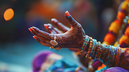 Intricate Hand of a Dancer Adorned with Henna and Jewelry at Maha Shivaratri Celebration. Concept of Cultural Traditions, Spiritual Festivities.の写真素材