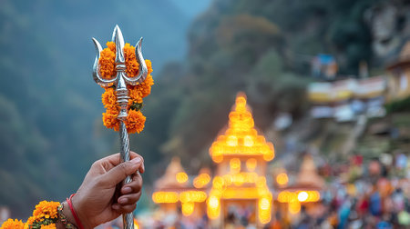 Hand Holding Trident with Marigolds at Maha Shivaratri Festival. Concept of Spiritual Traditions,...