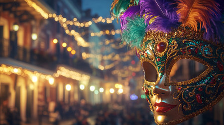 Glittering Carnival Mask with Feathers and Beads in Vibrant Mardi Gras Scene, Concept of Festive Celebration and Cultural Tradition. Copy space.の写真素材