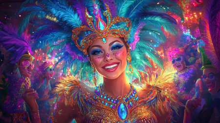 Smiling Woman in Vibrant Mardi Gras Costume with Feathers and Jewels. Concept of Festive...