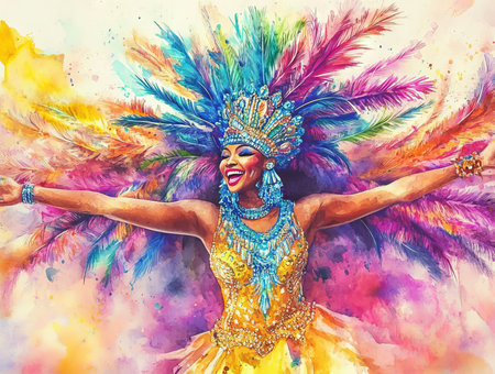 Vibrant Watercolor Illustration of a Joyful African American Woman Celebrating Mardi Gras. Concept...