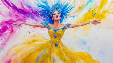 Vibrant Watercolor Art of a Joyful Woman in Colorful Mardi Gras Festival Attire. Concept of Celebration, Festivity.の写真素材