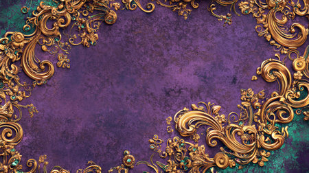 Ornate Decorative Frame with Golden Details on Purple Background, Featuring Intricate Floral...