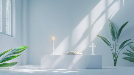 Minimalist Church Altar with Open Bible and Cross in Sunlit Space with Greenery. Concept of...