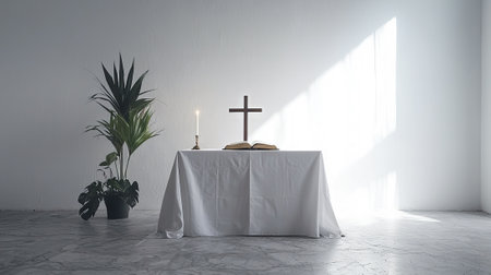 Minimalistic Altar for Ash Wednesday in Bright Room with Cross, Candle, and Plants. Concept of Spiritual Simplicity, Religious Reflection.の写真素材
