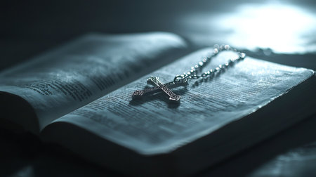Open Bible with a Cross Necklace Illuminated by Soft Light. Concept of Faith, Spirituality,...