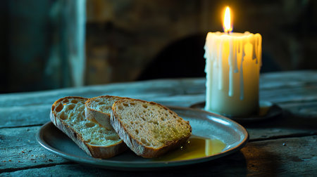 Slices of Italian Bread With Olive Oil on a Plate Beside a Lit Candle in a Cozy Rustic Setting. Concept of Comfort Food, Intimate Dining. Ash Wednesday.の写真素材
