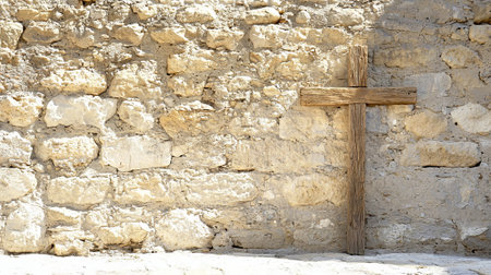 Wooden Cross Leaning Against a Stone Wall, Symbolizing Faith and Spirituality, Concept of Religious Traditions. Ash Wednesday. Copy Space.の写真素材