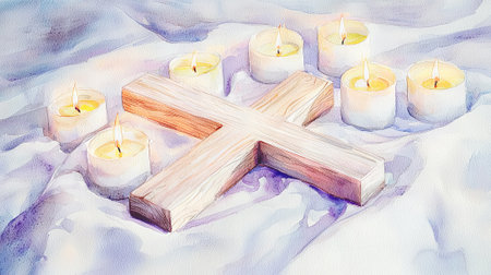 Ash Wednesday Watercolor Art of a Cross with Burning Candles on Cloth. Concept of Spirituality, Religious Observance.の写真素材