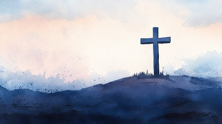 Ash Wednesday Watercolor Illustration of a Lone Cross on a Hilltop. Concept of faith, solitude, spirituality. Ash Wednesday. Copy Space.の写真素材