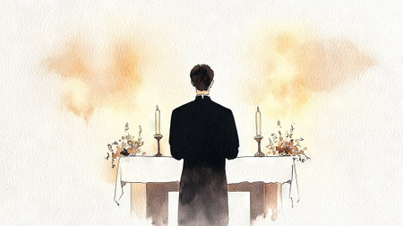 Ash Wednesday Watercolor Illustration of a Priest Performing Liturgy. Concept of Spiritual Reflection, Religious Traditions.の写真素材