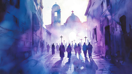 Ash Wednesday Watercolor Illustration of a Religious Procession Near a Church. Concept of Faith,...