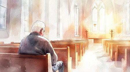 Elderly Caucasian Male Reflecting in Church Pew Watercolor Illustration. Concept of Faith, Solitude,...