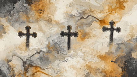 Ash Wednesday Watercolor Illustration of Swirling Crosses. Concept of religious observance,...