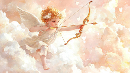 Watercolor Art of a Cherub with Golden Curls Holding a Bow and Arrow in Clouds. Concept of...